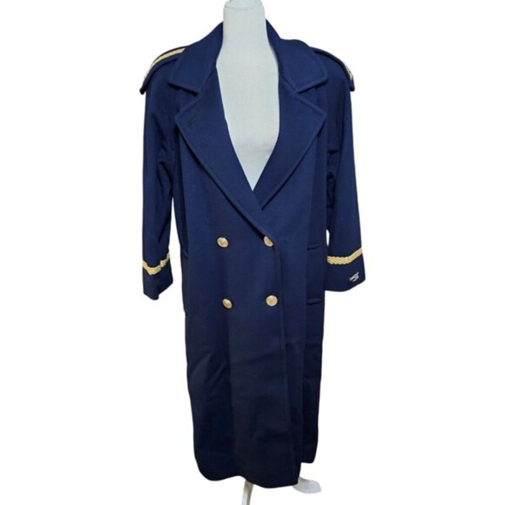 John Weitz Forstmann Womens Trench Coat Wool Navy Gold Military Officer Chest 38